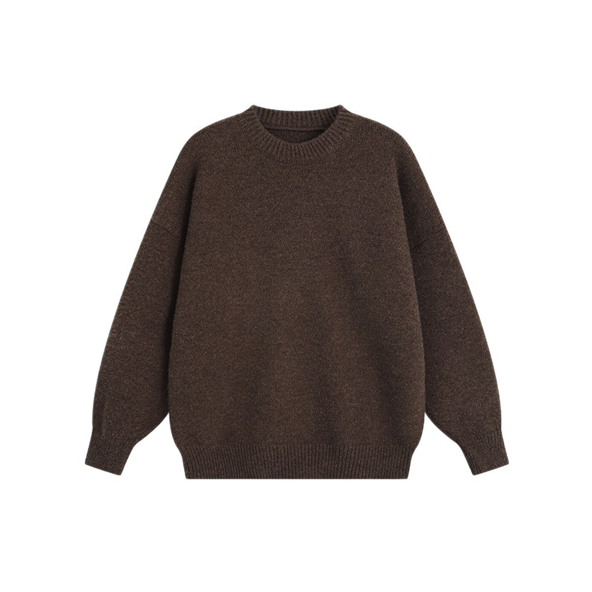 Men’s oversized gray crew neck knit sweater with ribbed cuffs, collar and hem.