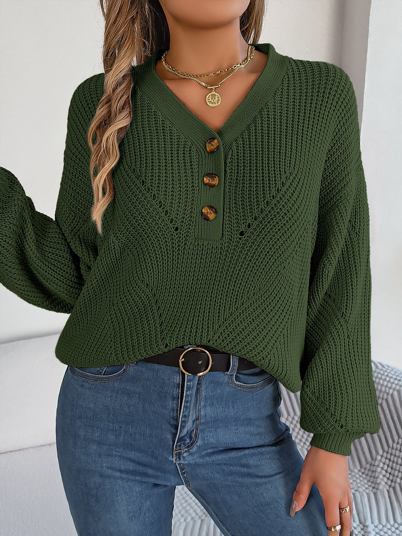 Hollow Out V-Neck Lantern Sleeve Pullover Sweater