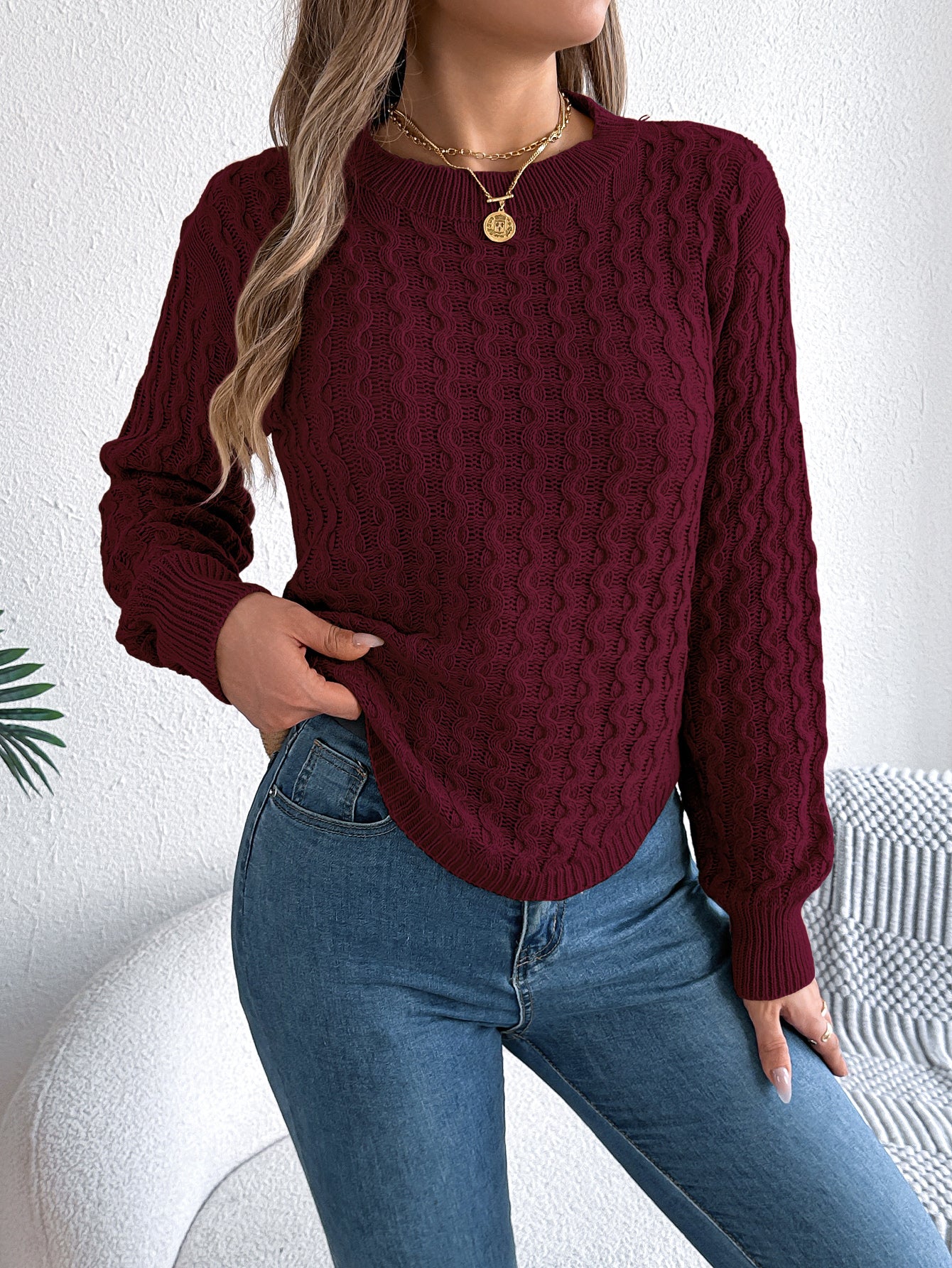 Cable Knit Lantern Sleeve Pullover Sweater - threadspired