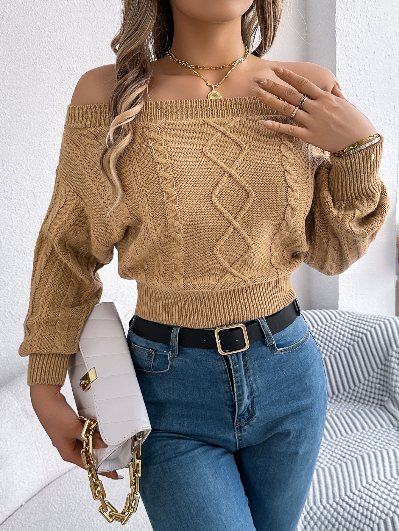 Off-Shoulder V-Neck Long Sleeve Pullover Sweater - threadspired
