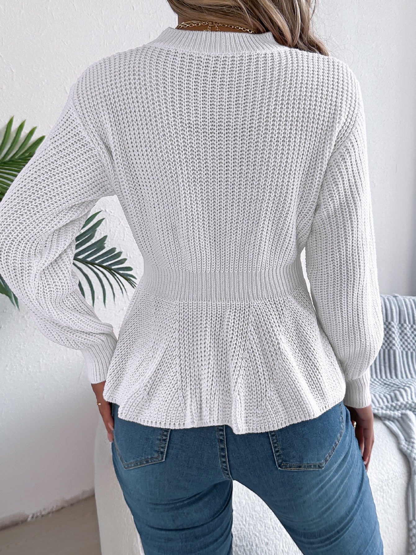Cable Knit Cinched Waist Ruffled Long Sleeve Pullover Sweater