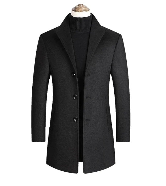 Black men’s single-breasted wool overcoat with notch lapel.