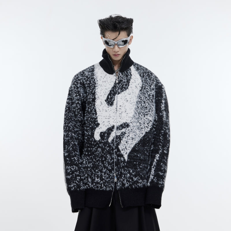 Men’s black and white plushy abstract pattern zip-up knit jacket with high collar. 