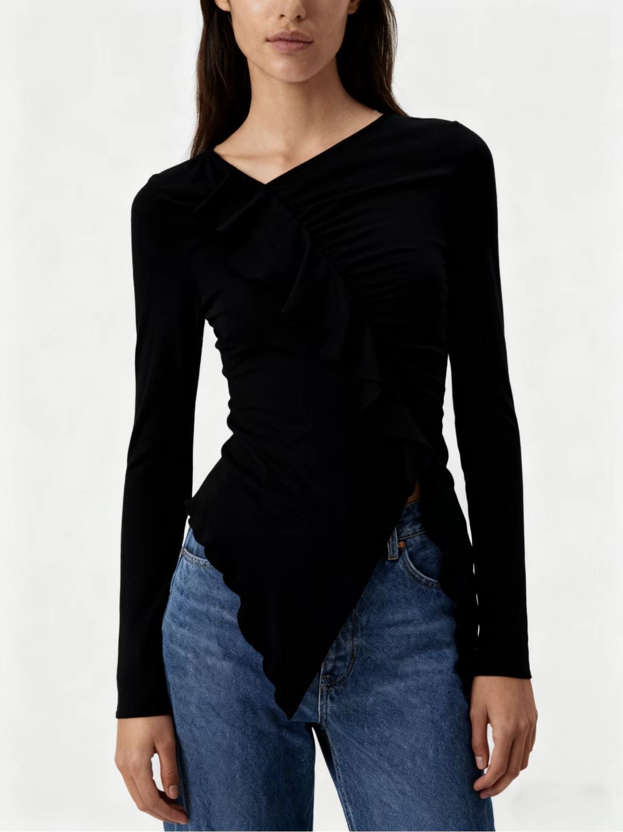 Pleated Ruffled Edge Square Neck Long Sleeve Base Shirt - threadspired