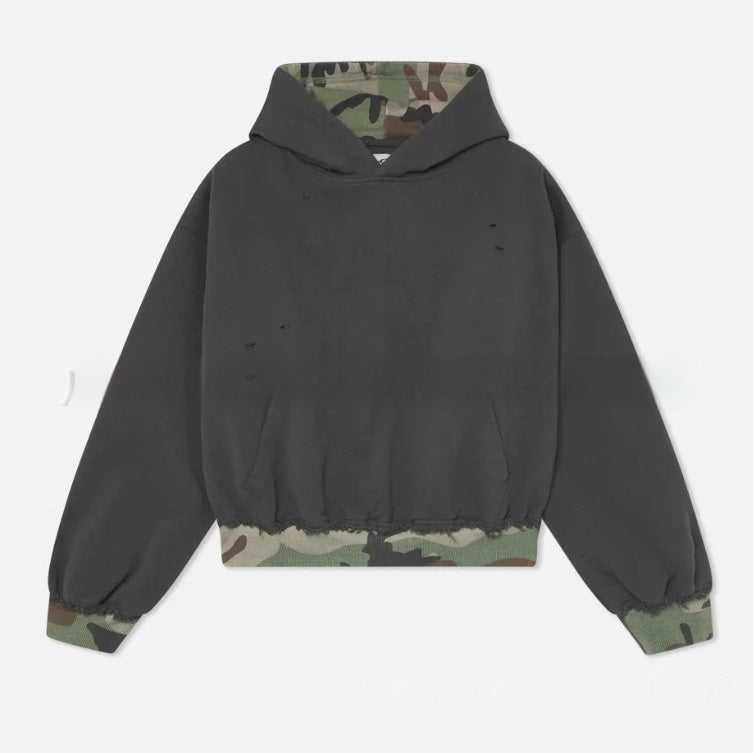 Camouflage Hooded Sweatshirt With Fake Two-piece Design - threadspired