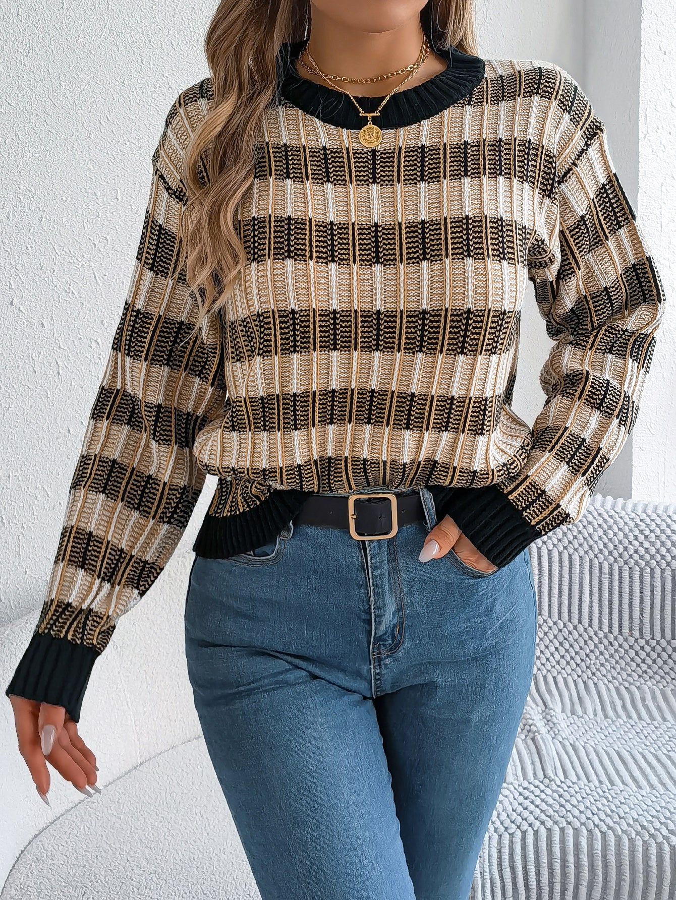 Round Neck Long Sleeve Pullover Sweater - threadspired