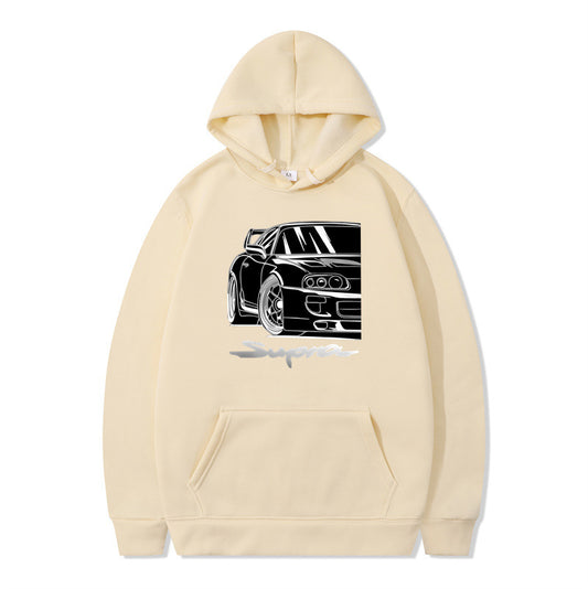 Black hoodie with large white graphic of a Japanese sports car and a pouch pocket on the front.