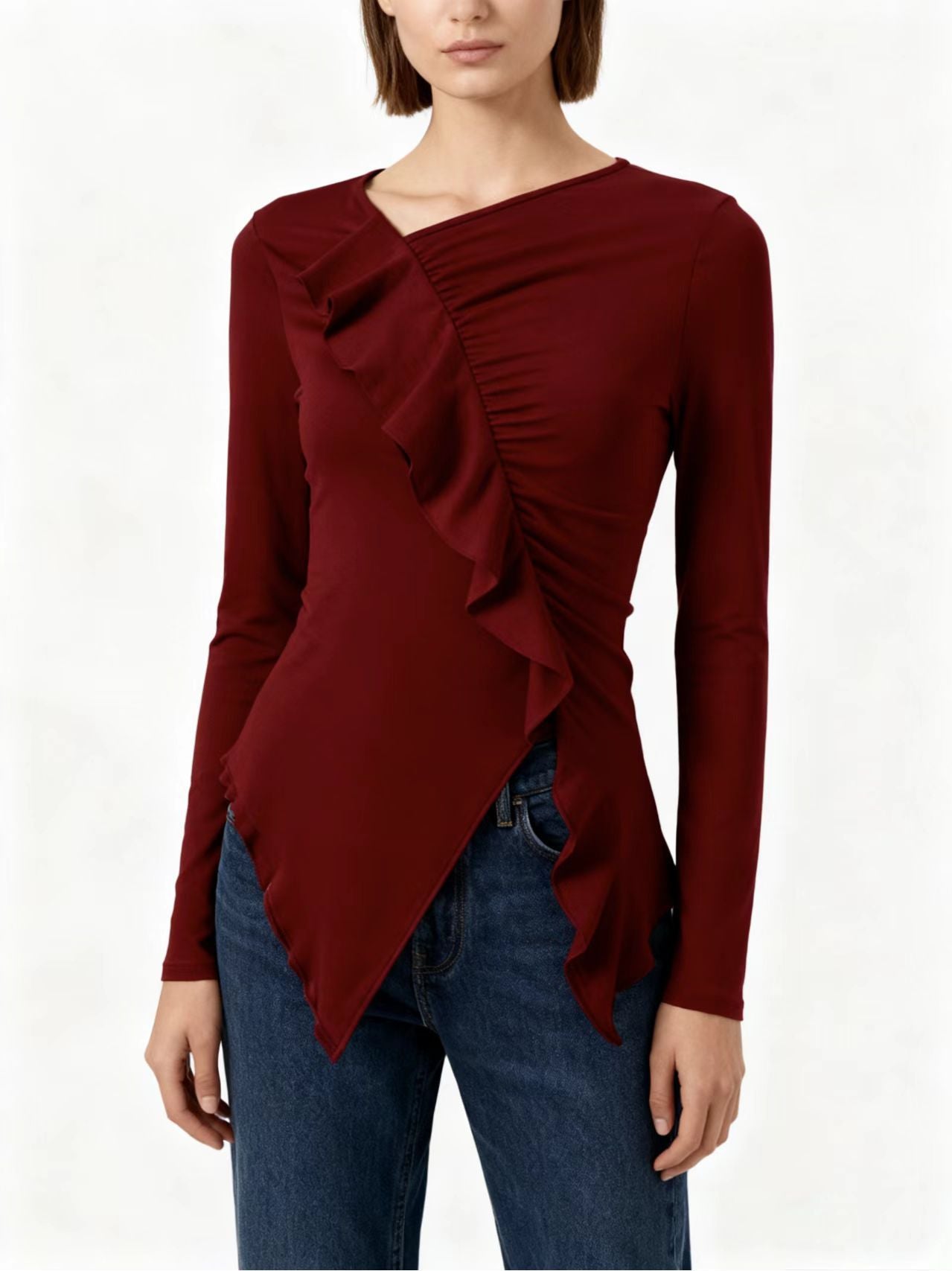 Pleated Ruffled Edge Square Neck Long Sleeve Base Shirt - threadspired