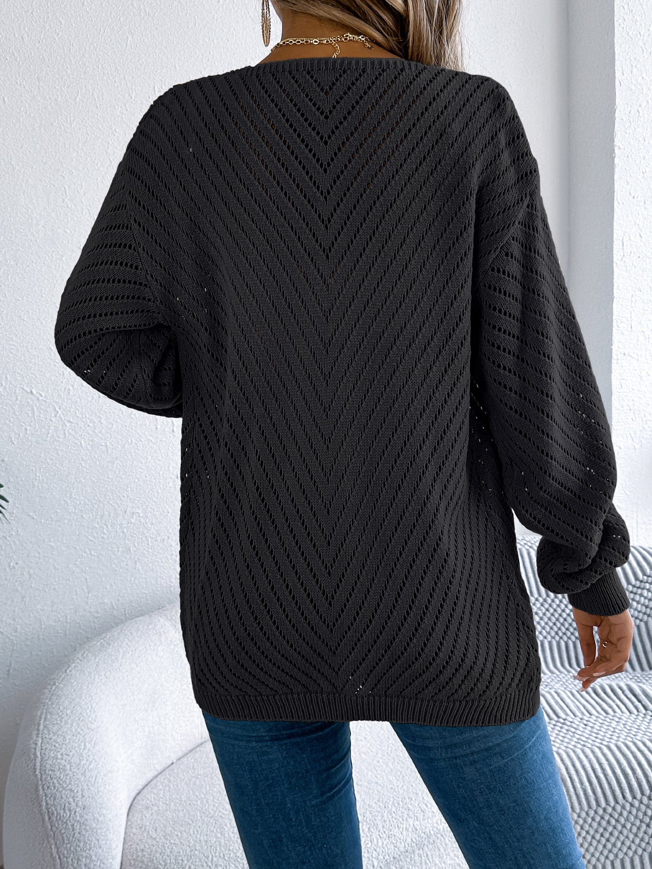 Solid Color Hollow Out Long Sleeve Cardigan