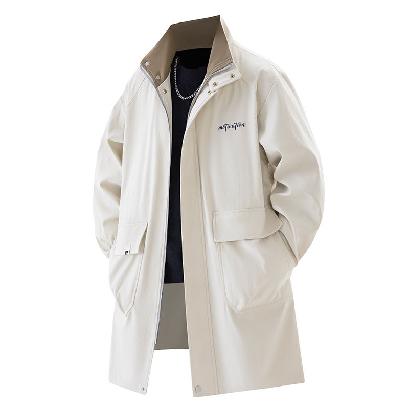 Men’s plus-size mid-length light khaki casual trench coat with stand collar and front pockets. 