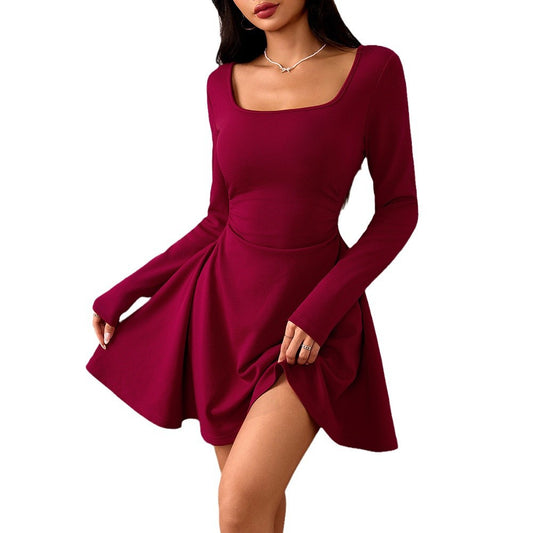 Square-neck Dress With High-waisted Designer-style Wine-red Hue