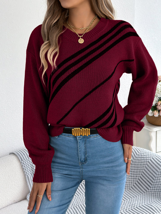 Striped Round Neck Long Sleeve Pullover Sweater