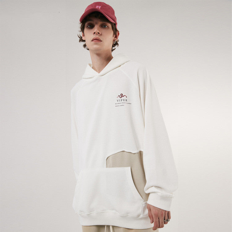 White hoodie with detailed snake and cherry blossom graphic design on the back in Japanese-inspired 
streetwear style. Front view of white streetwear hoodie with small Viper snake logo on chest and pouch pocket.