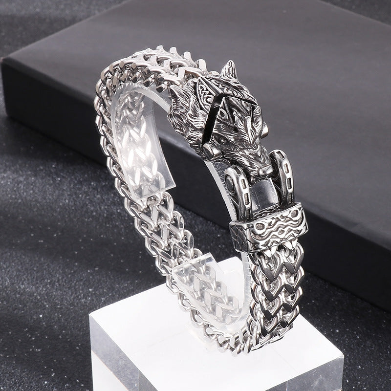 Wolf Head-Snake Head Reversible Steel Bracelet
