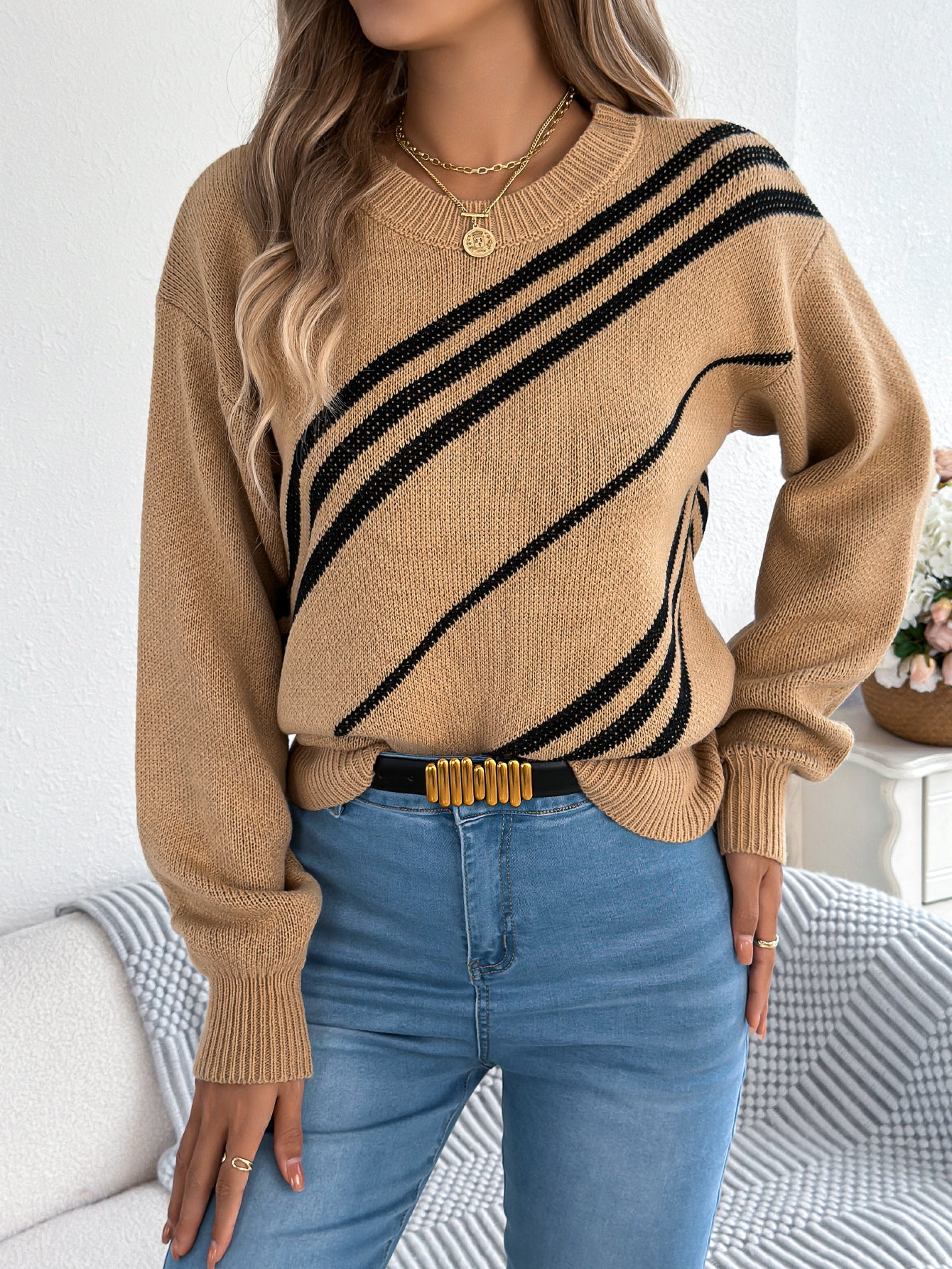 Striped Round Neck Long Sleeve Pullover Sweater - threadspired