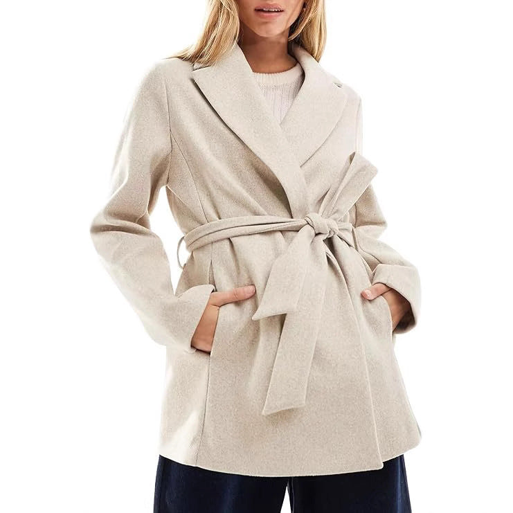 Belt Notched Lapel Pea Coat - threadspired