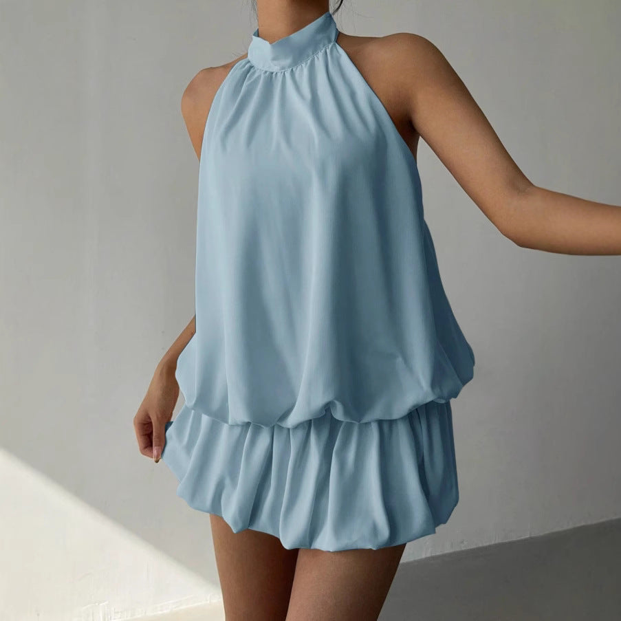 Solid Color Halter Neck Off-Shoulder Dress