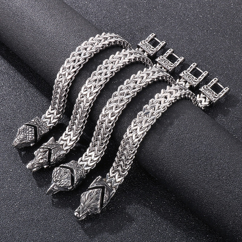 Wolf Head-Snake Head Reversible Steel Bracelet