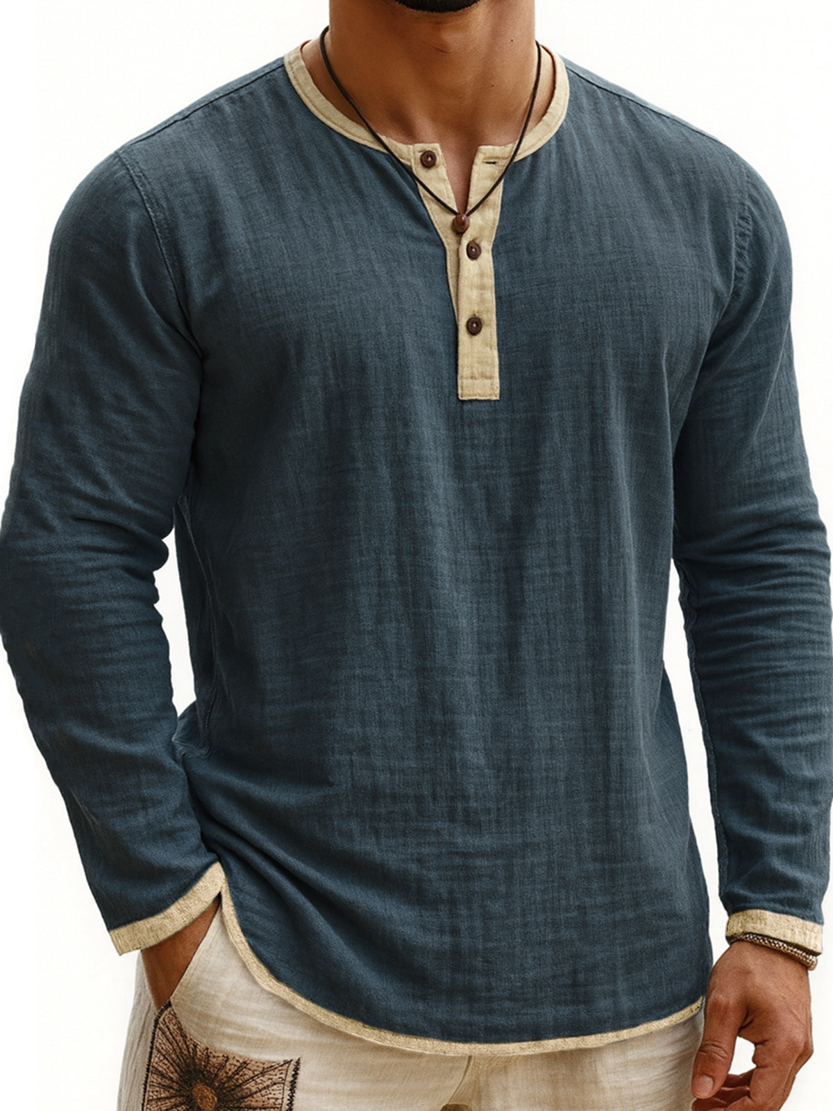 Two-tone Henley 3-button Casual Long Sleeve Top - threadspired