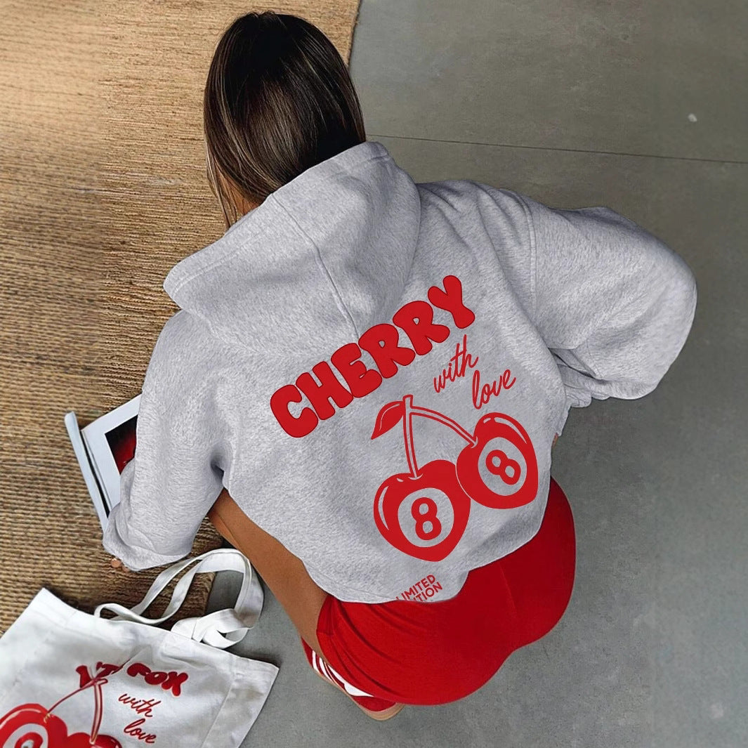 Cherry Letter-print Loose-fit Hoodie - threadspired