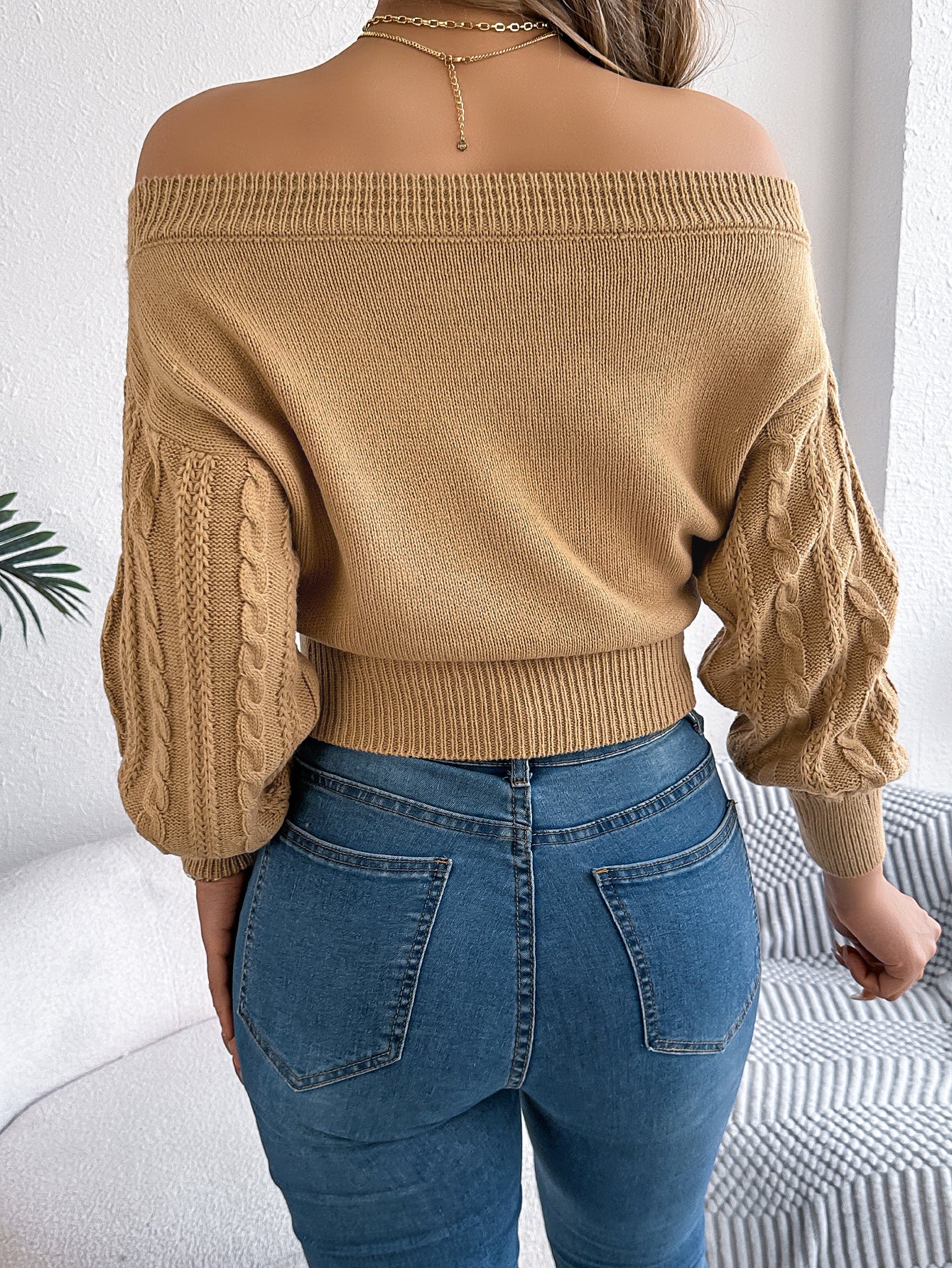 Off-Shoulder V-Neck Long Sleeve Pullover Sweater - threadspired