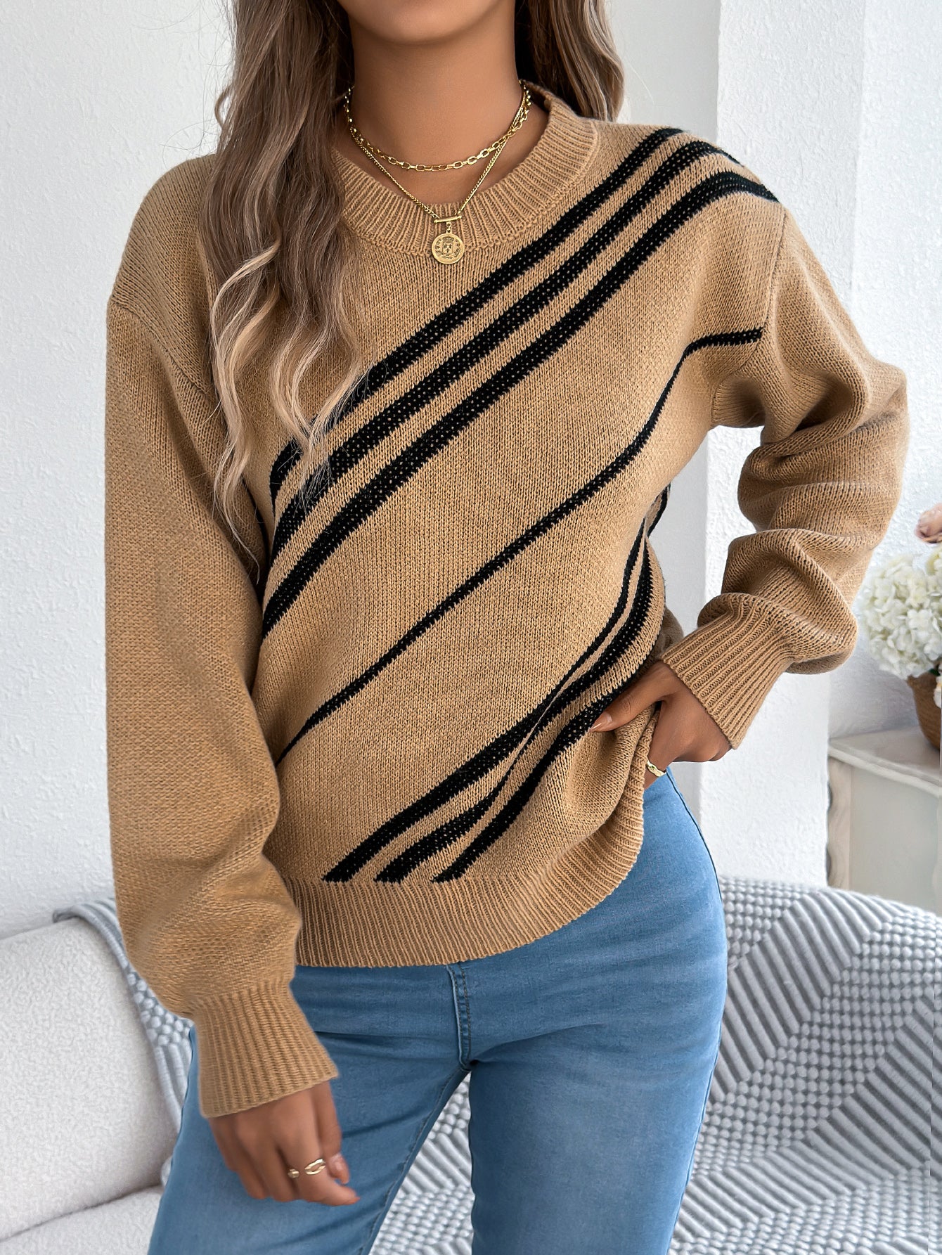 Striped Round Neck Long Sleeve Pullover Sweater - threadspired
