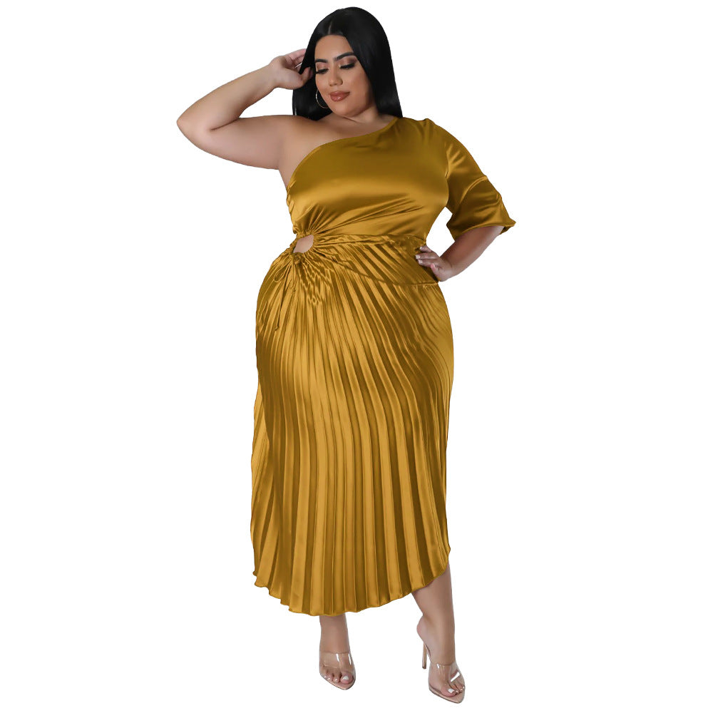 Off-the-shoulder Drawstring Pleated Dress - threadspired