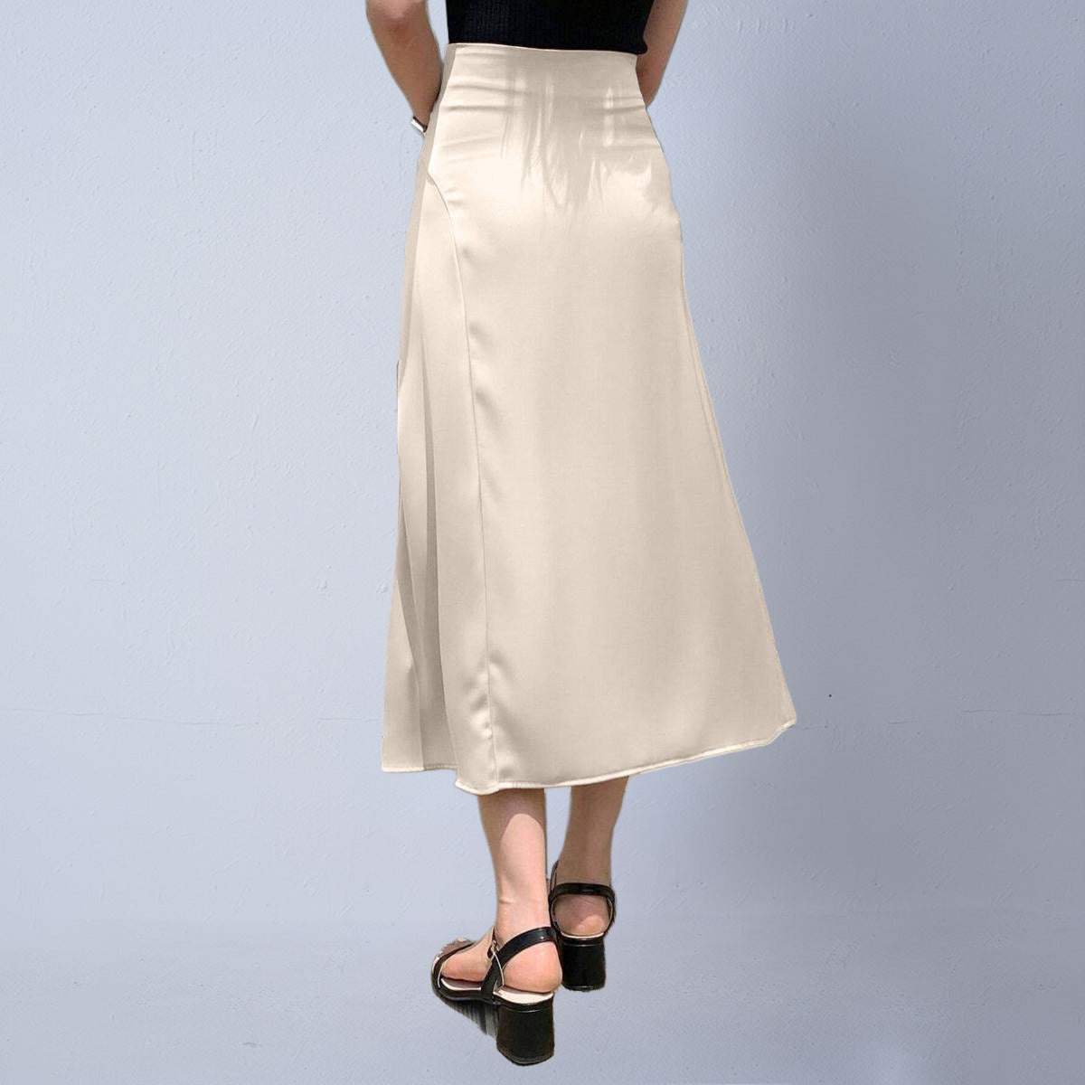 Faux Silk Midi Skirt Satin - threadspired