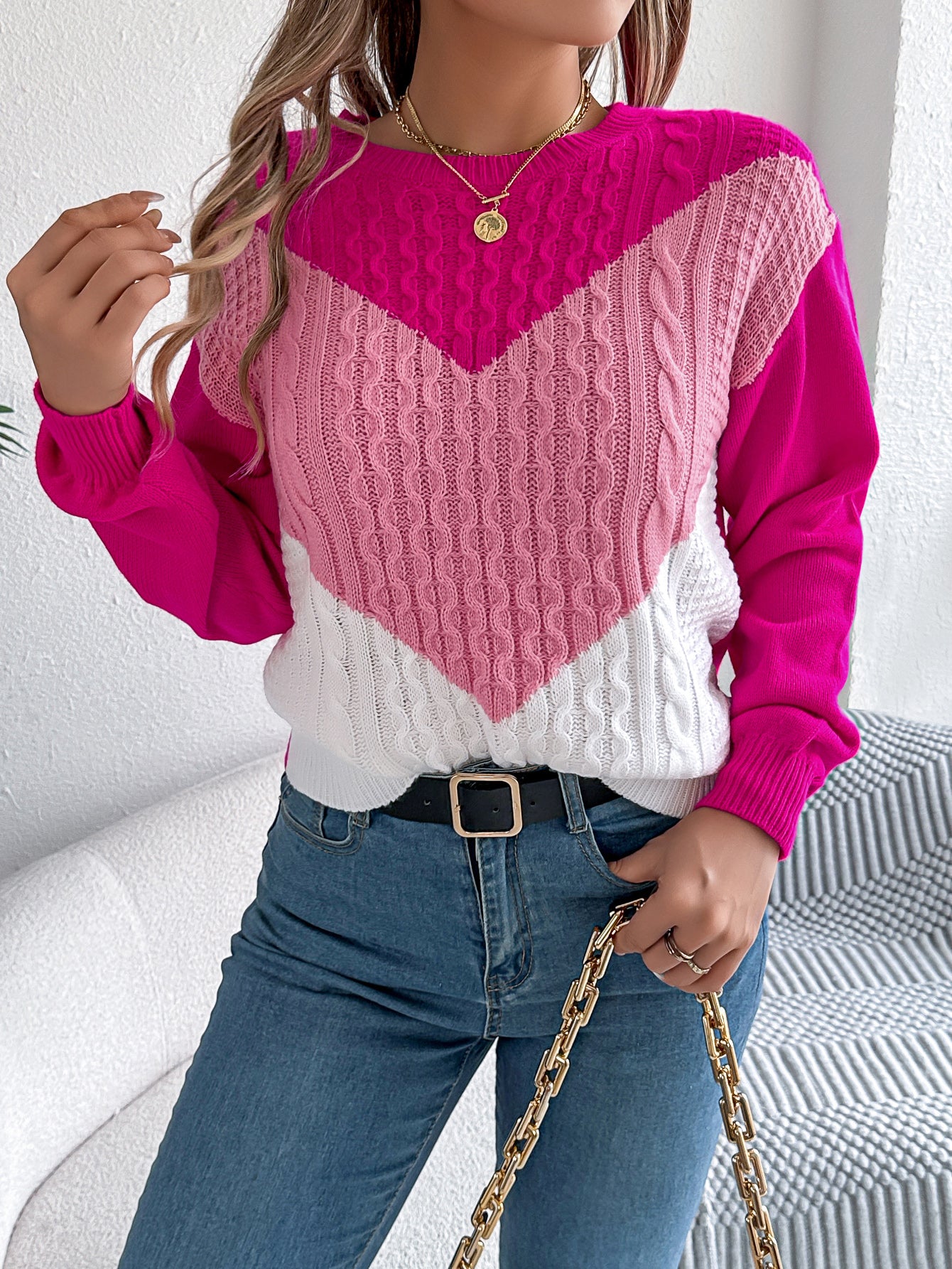 Cable Knit Lantern Sleeve Pullover Sweater