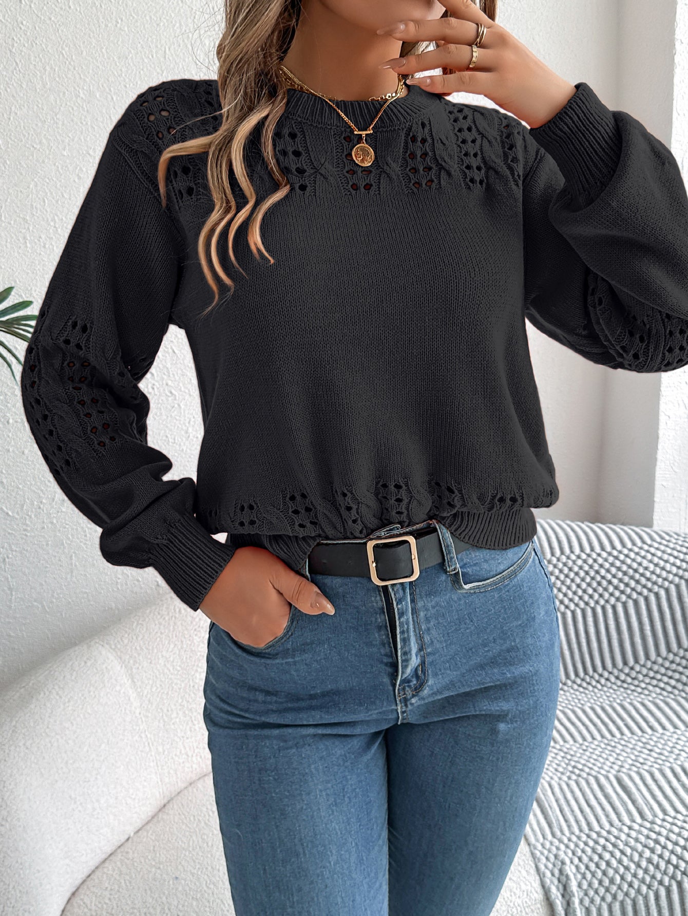 Hollow Out Lantern Sleeve Pullover Sweater