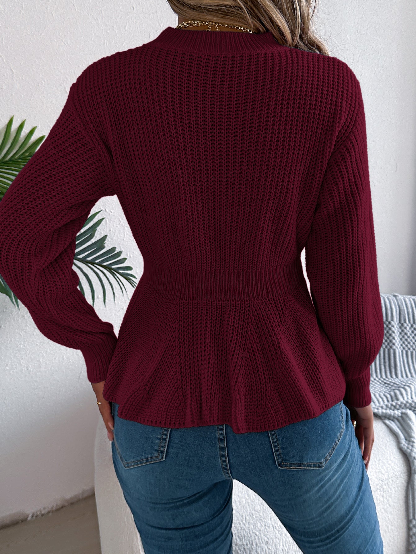 Cable Knit Cinched Waist Ruffled Long Sleeve Pullover Sweater