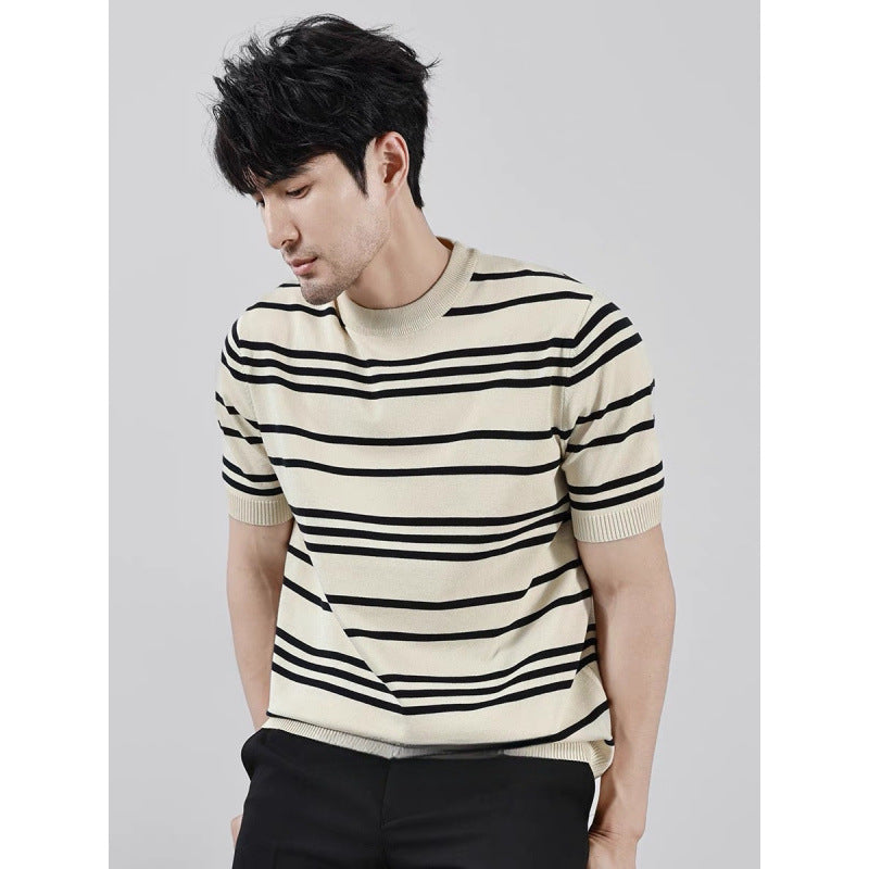 Knitted Short Sleeve with Black And White Stripes - threadspired