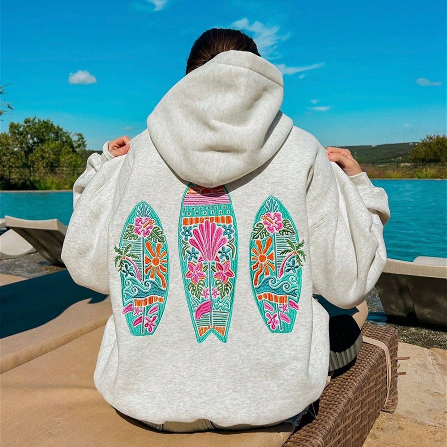 Surfboard Print Loose-Fit Hoodie - threadspired