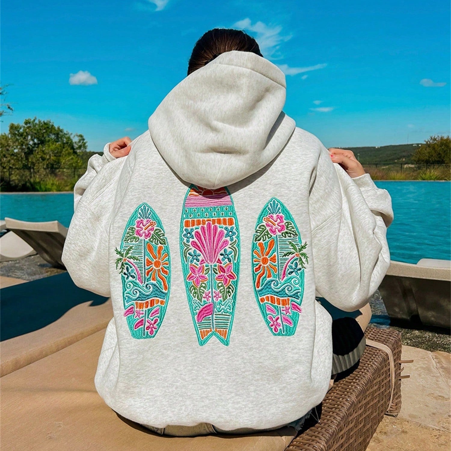 Surfboard Print Loose-Fit Hoodie - threadspired
