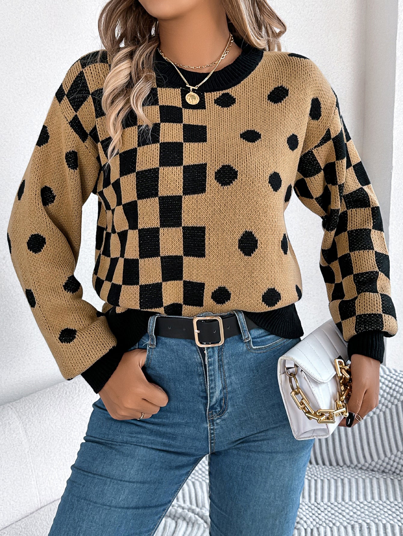 Polka Dot Plaid Lantern Sleeve Pullover Sweater