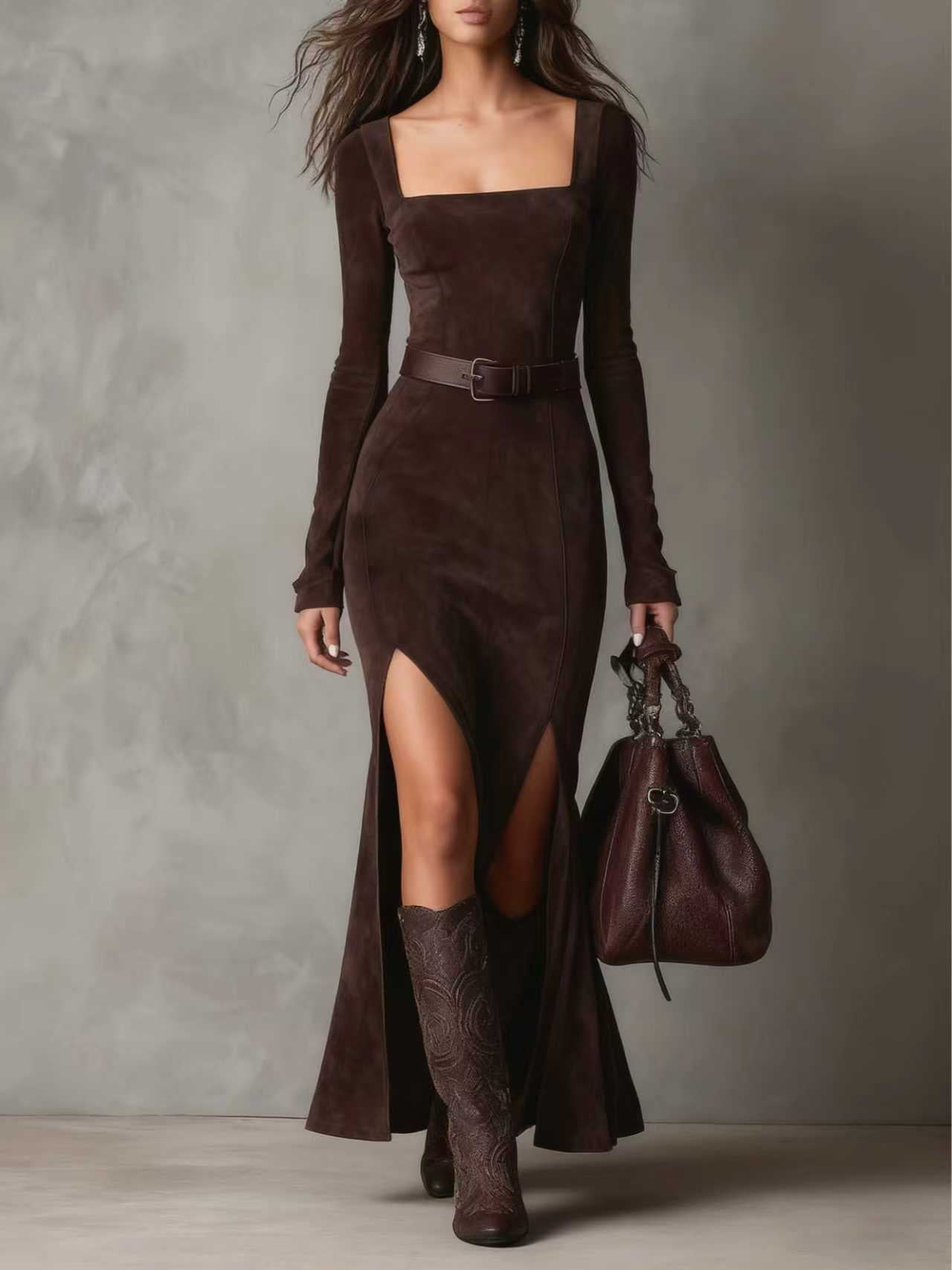 Zipper Square-neck Slit Maxi Dress - threadspired