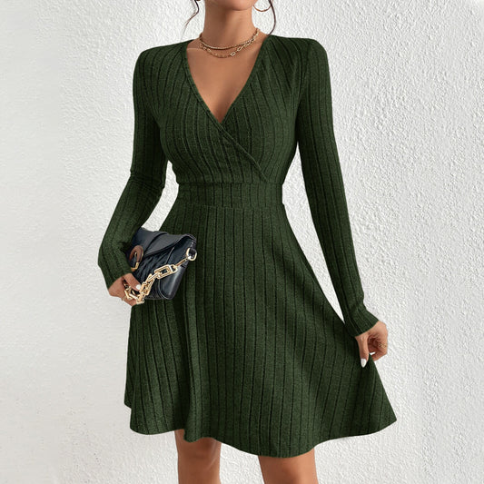 V-neck Waist-cinching Ribbed Long-sleeve Dress