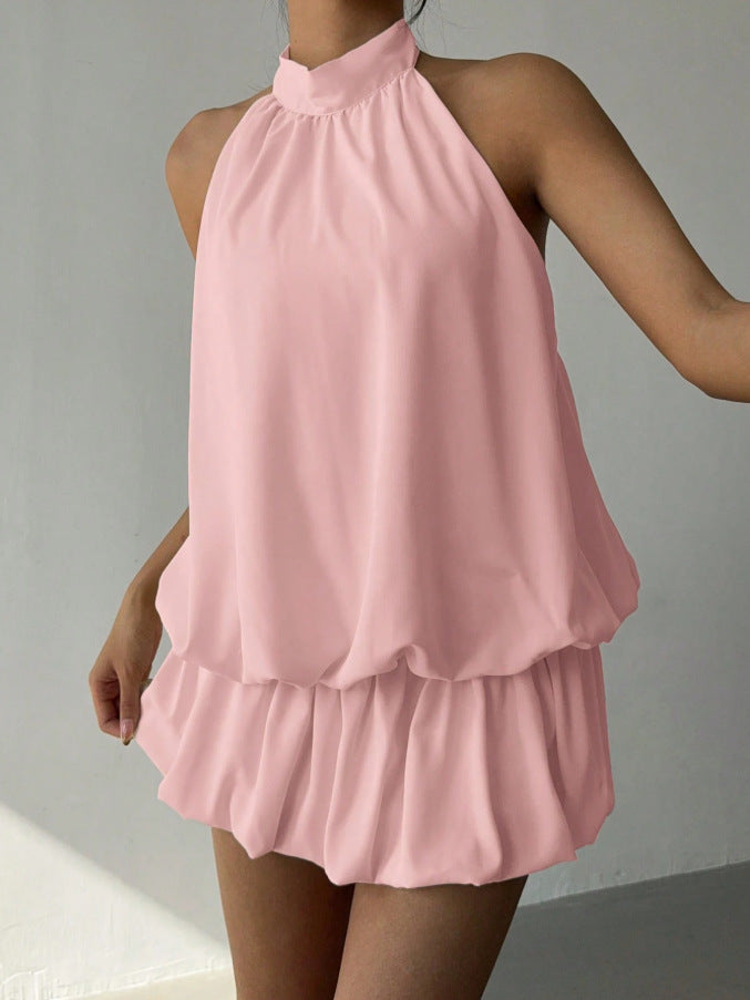 Solid Color Halter Neck Off-Shoulder Dress