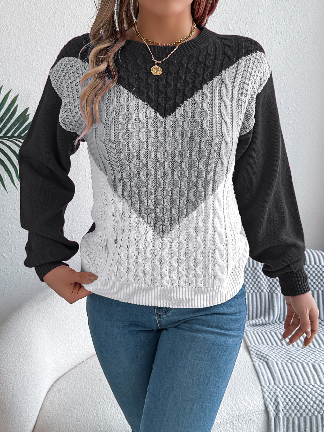 Cable Knit Lantern Sleeve Pullover Sweater