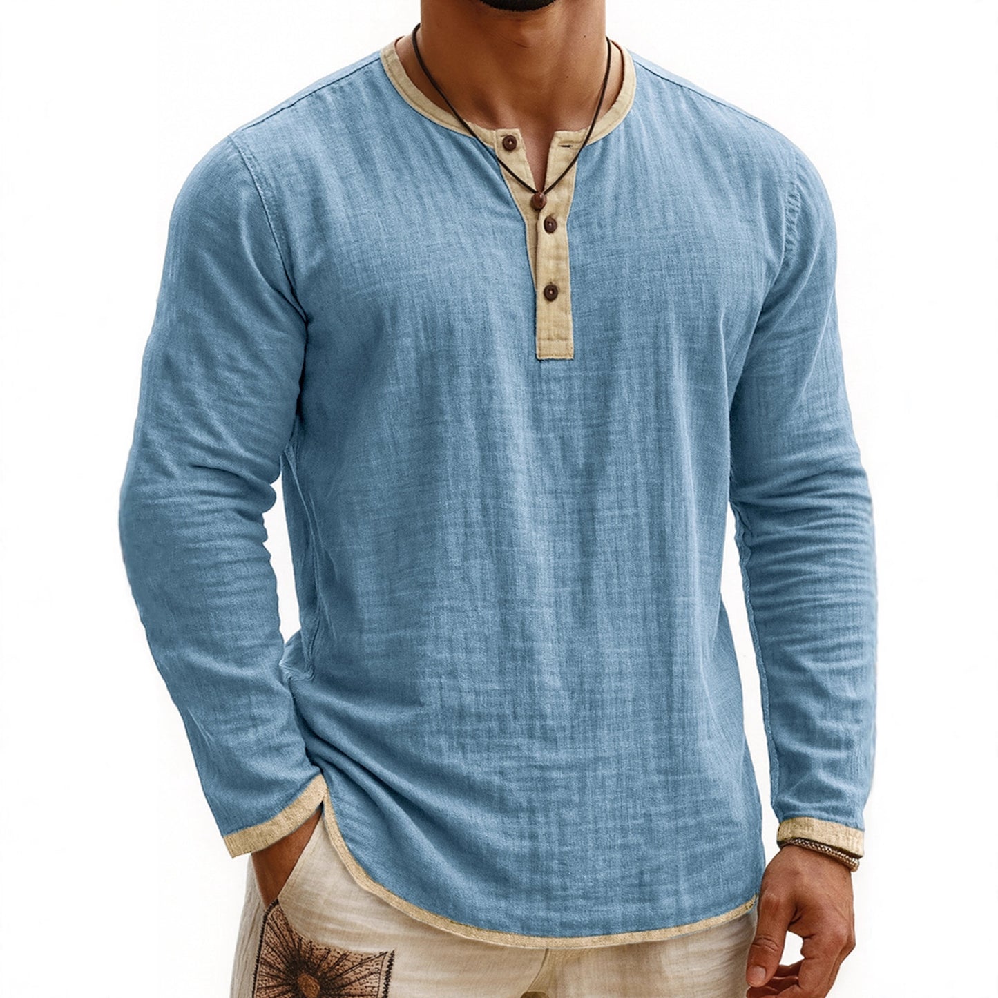 Two-tone Henley 3-button Casual Long Sleeve Top - threadspired