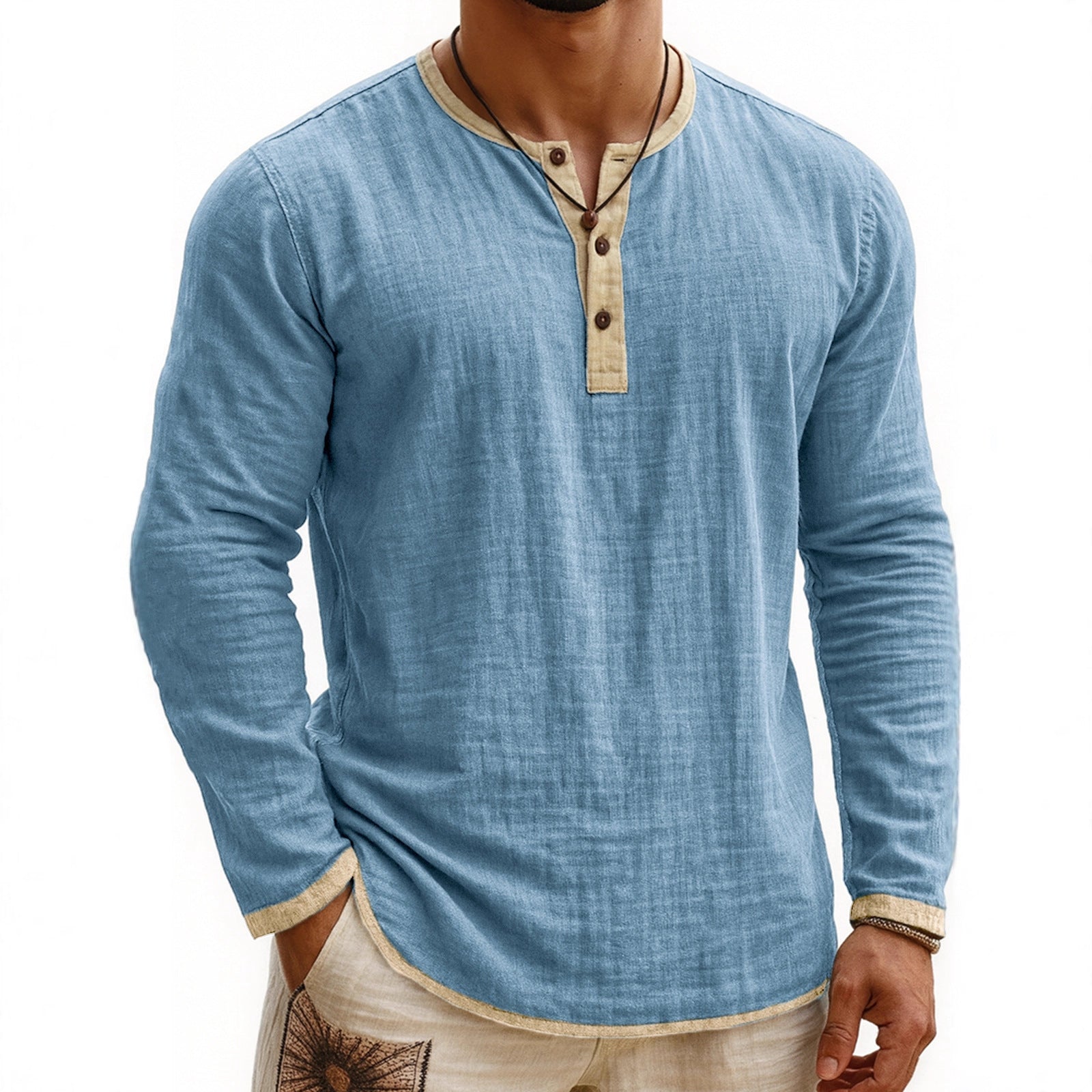 Two-tone Henley 3-button Casual Long Sleeve Top - threadspired