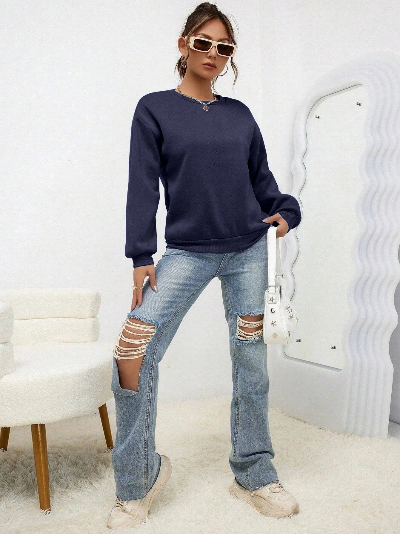 Solid Color Casual Sweatshirt - Loose Fitting - threadspired