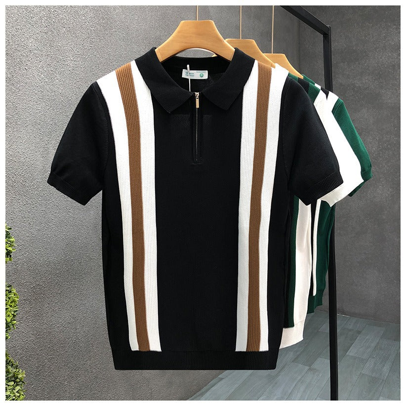Lapels Half Zipper Knitted Half Sleeve T-shirt - threadspired