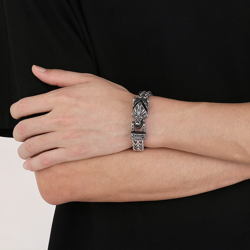 Wolf Head-Snake Head Reversible Steel Bracelet