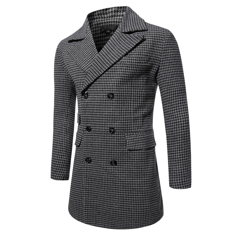 Black and gray plaid patterned men’s double-breasted overcoat.