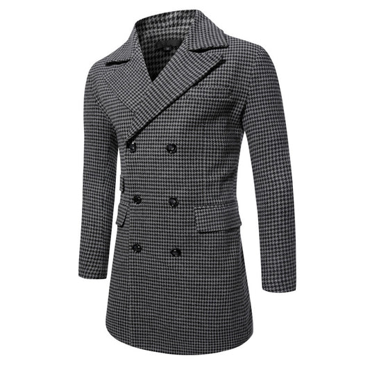 Black and gray plaid patterned men’s double-breasted overcoat.