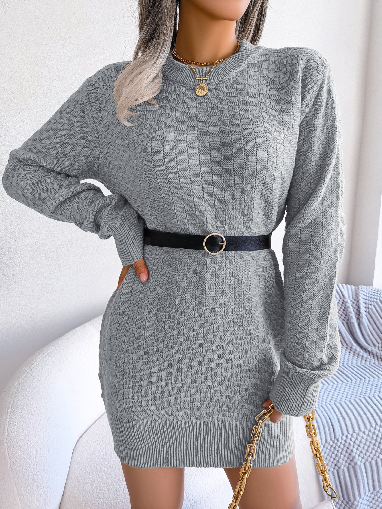 Plaid Long Sleeve Knitted Slip Sweater - threadspired