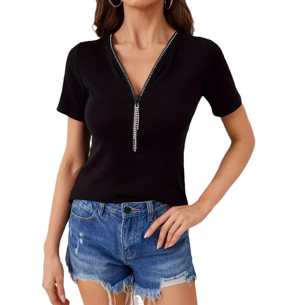 V-neck Rhinestone Pendant Zip-up Top - threadspired
