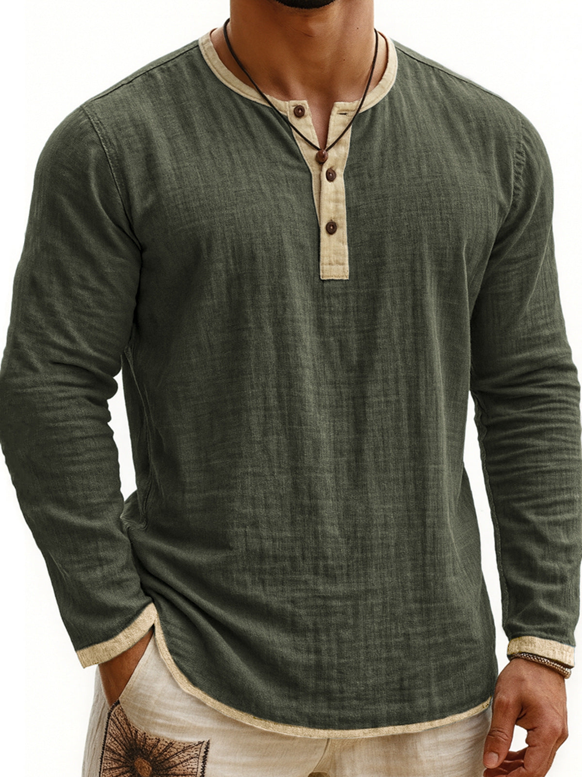 Two-tone Henley 3-button Casual Long Sleeve Top - threadspired