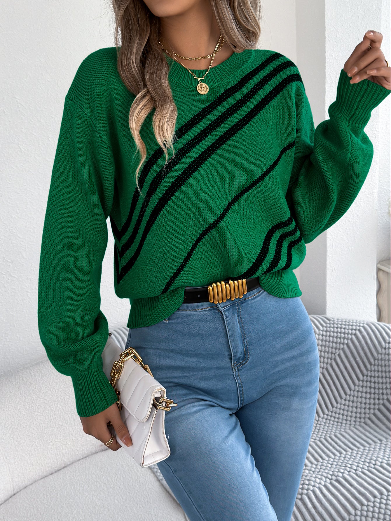 Striped Round Neck Long Sleeve Pullover Sweater - threadspired